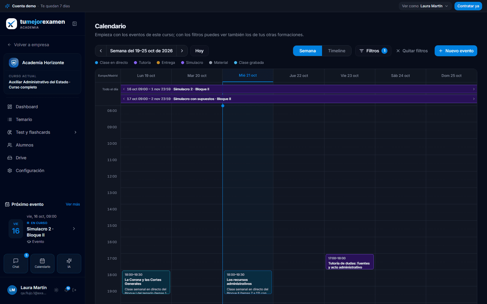 Calendario de la academia con sus clases y tutorías.
