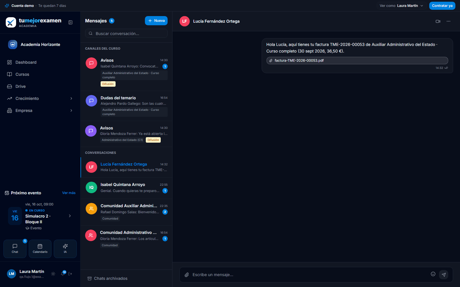 Conversación del chat de la academia y una factura simulada de un alumno.