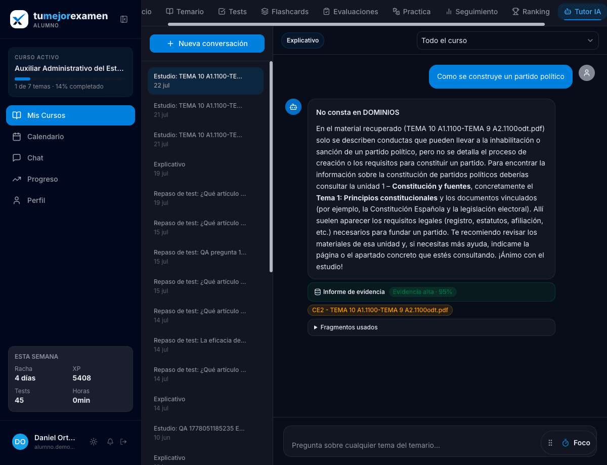 Tutor IA de Tu Mejor Examen mostrando una respuesta con evidencias